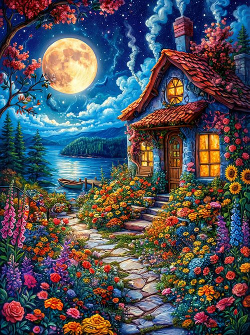 Moonlit Flower Cottage (Board Canvas)