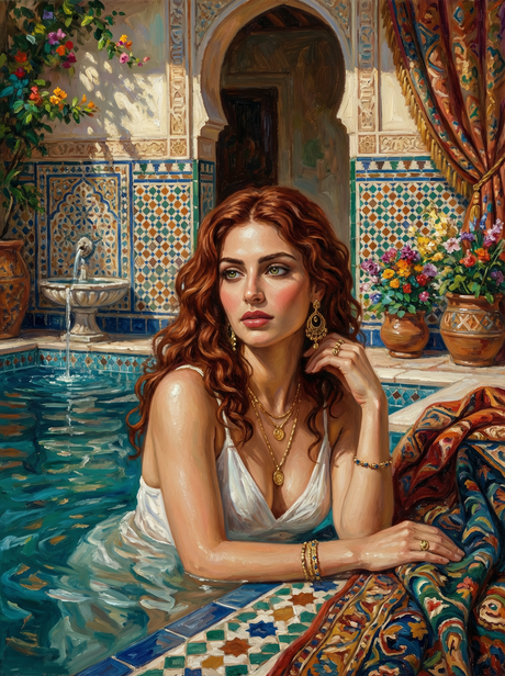 Lady by the Courtyard Pool (100 Color Diamond Painting) Diamond Painting kit
