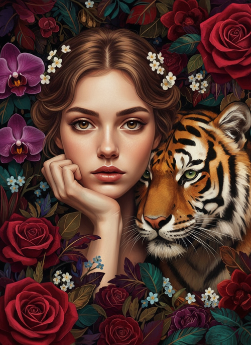 Tiger and Rose Garden (100 Color Diamond Painting) Diamond Painting kit