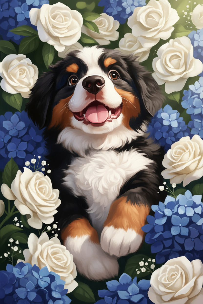 Bernese Puppy, White Roses