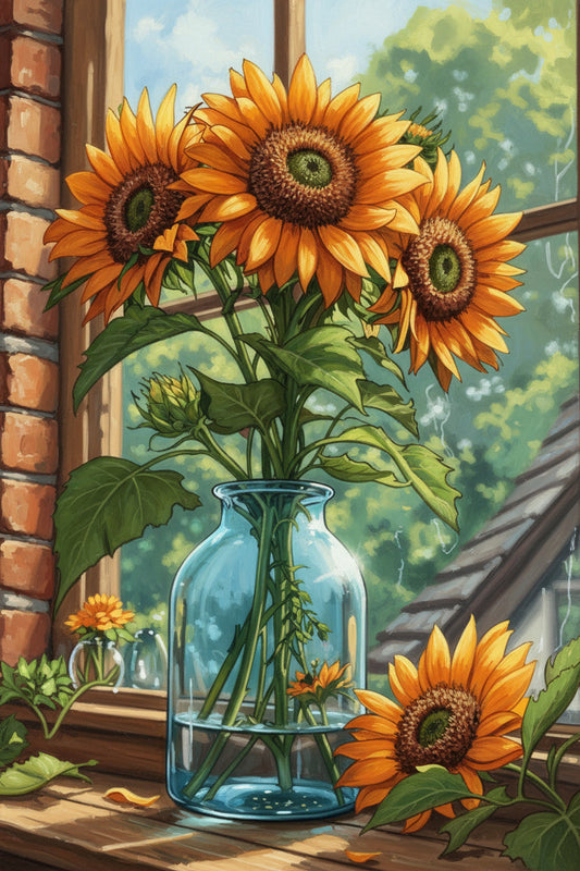 Sunflowers on Windowsill (Board Canvas)