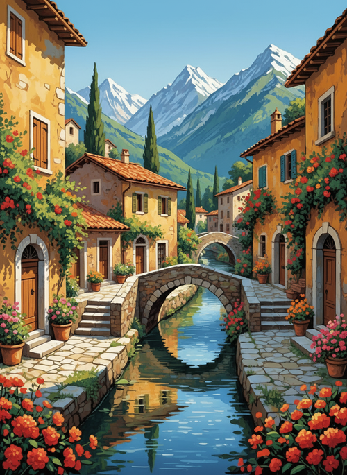 Alpine Canal Village (100 Color Diamond Painting)
