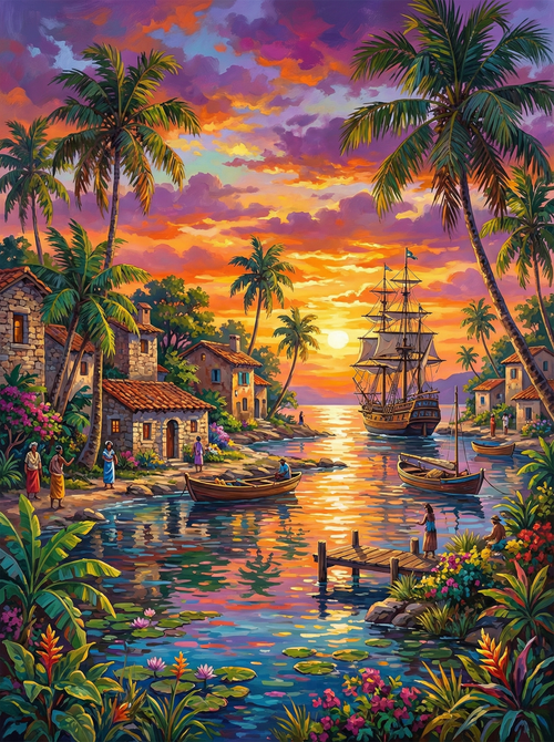 Tropical Sunset Harbor Village (Board Canvas)