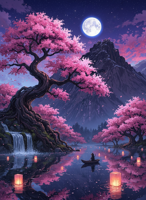 Moonlit Blossoms over Still Waters