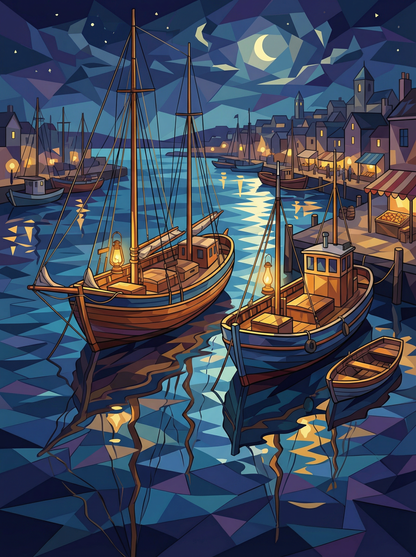 Moonlit Harbor Boats (Diamond Painting) Diamond Painting kit