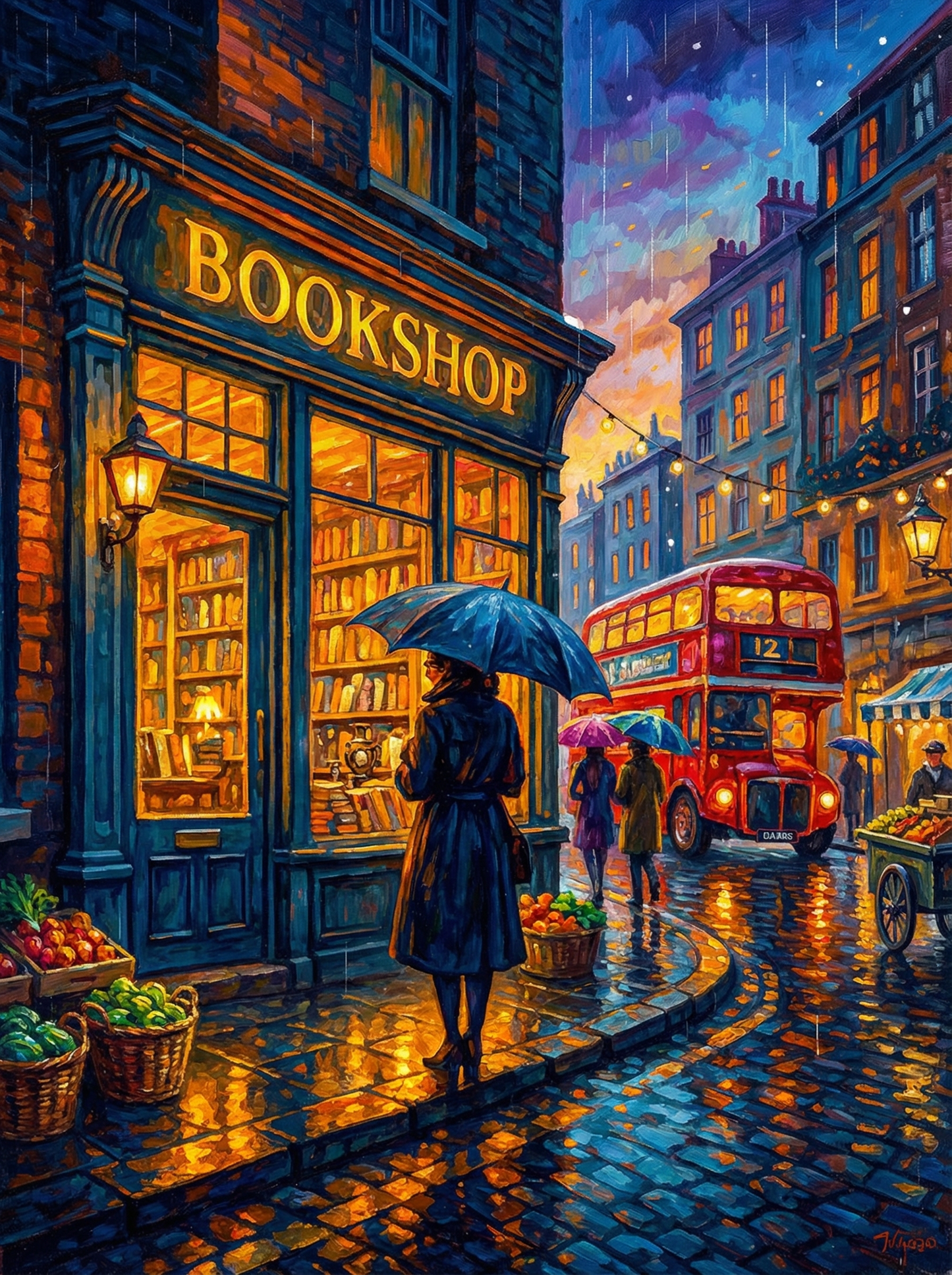Rainy Evening at the Bookshop (Board Canvas)