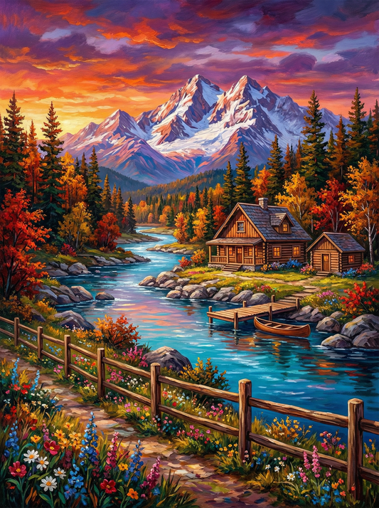 Autumn River Retreat (100 Color Diamond Painting)