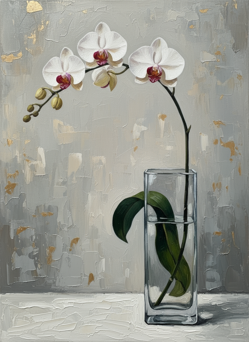 White Orchid in Glass Vase (Board Canvas)