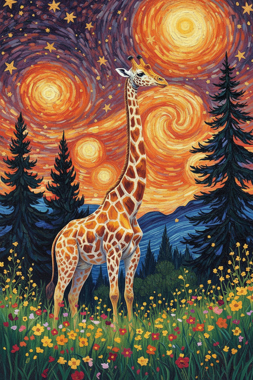Giraffe, Starry Swirling Night (Board Canvas)