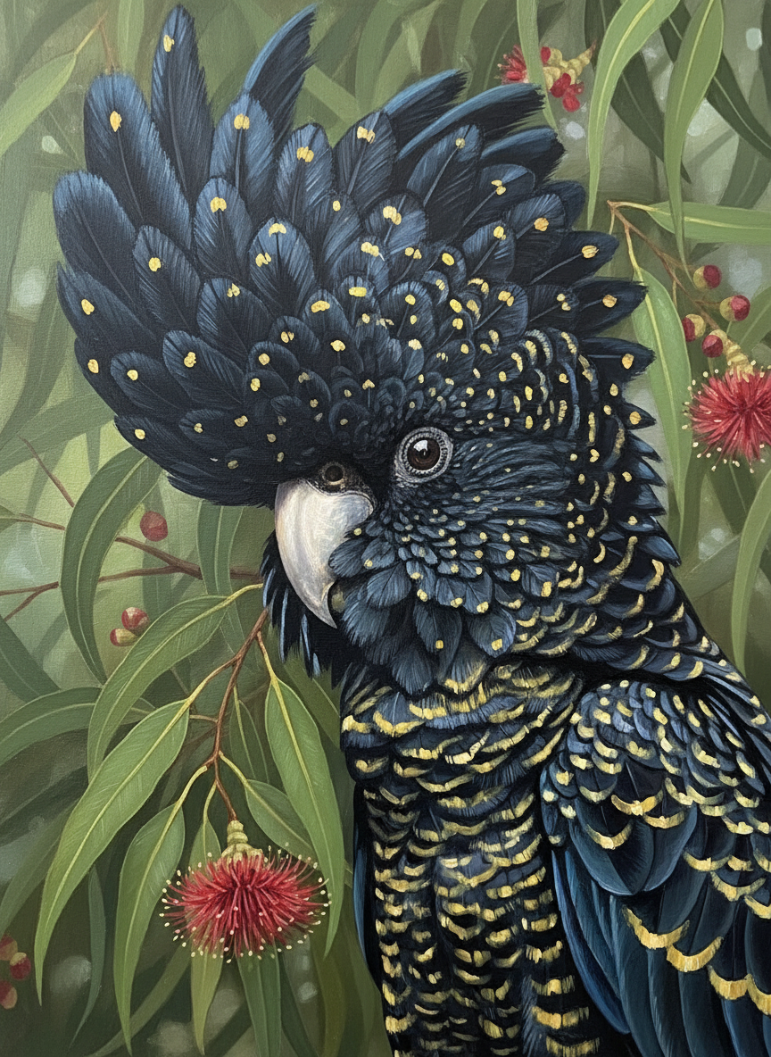 Black Cockatoo Amidst Blossoms (Board Canvas)