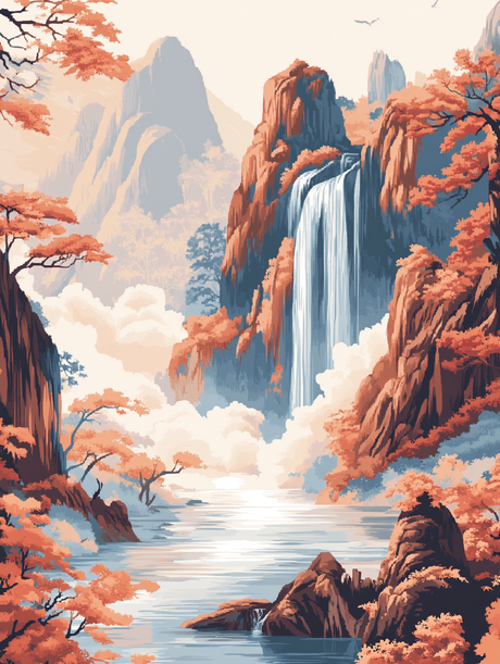 Autumn Waterfall Mountain Mist (Diamond Painting) Diamond Painting kit