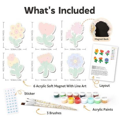 Red Tulip and Cornflower Patch fridge magnets – what's in the kit: the 6 soft magnets, numbered paints, brushes, layout sheet and stickers