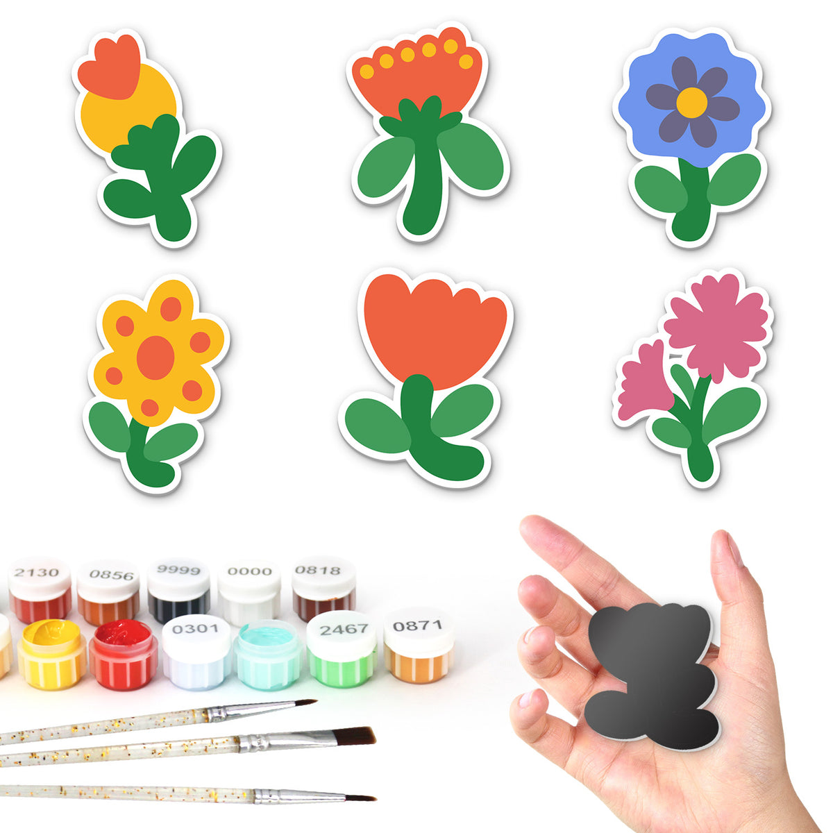 Red Tulip and Cornflower Patch fridge magnets – Six flowers on leafy stems: orange tulip, red bloom, blue cornflower, yellow dotted flower, red tulip, pink carnation