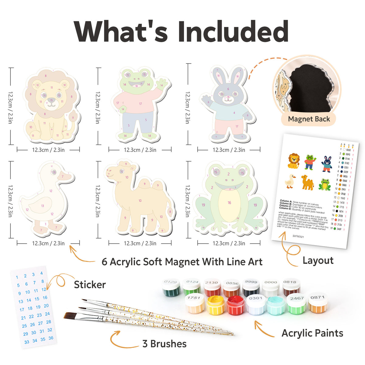 Camel and Frog Playmates fridge magnets – what's in the kit: the 6 soft magnets, numbered paints, brushes, layout sheet and stickers