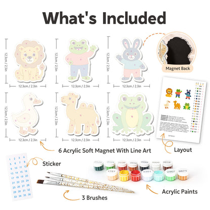 Camel and Frog Playmates fridge magnets – what's in the kit: the 6 soft magnets, numbered paints, brushes, layout sheet and stickers