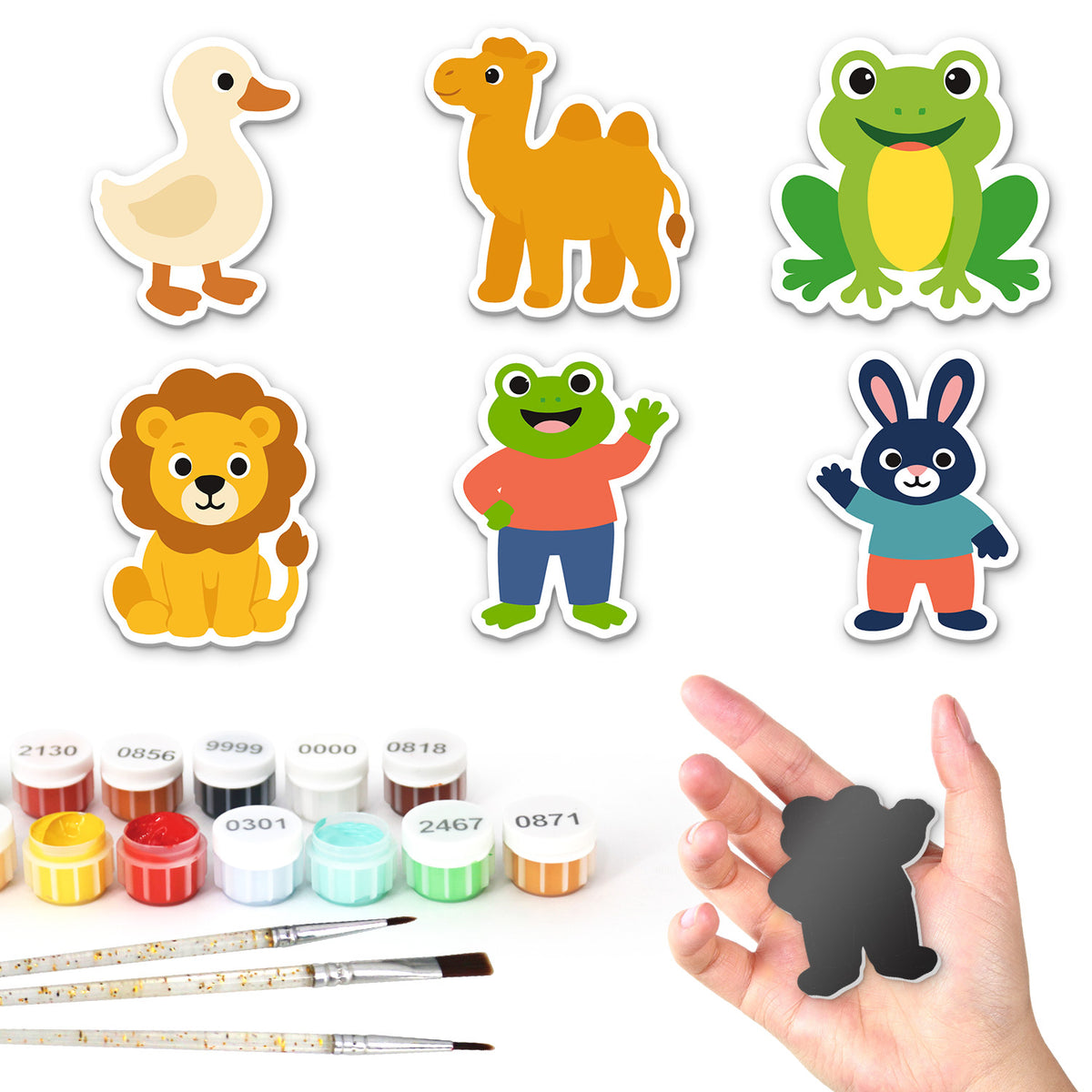 Camel and Frog Playmates fridge magnets – Six cartoon animals: a duck, a camel, a frog, a lion, a frog in an orange shirt and a bunny in a teal top