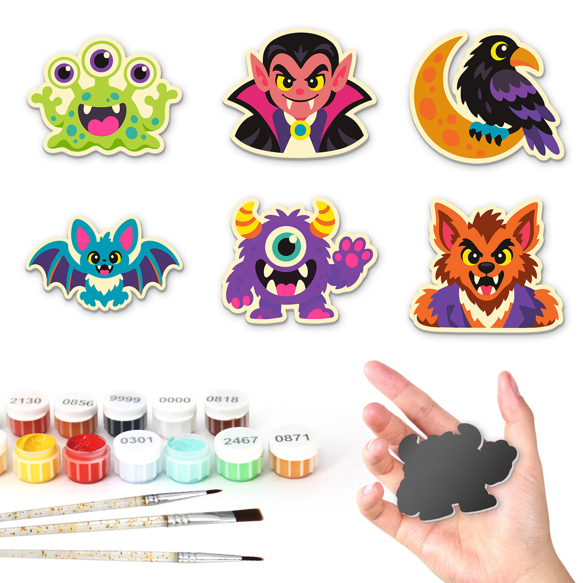 Vampire and Werewolf Night Crew fridge magnets – Six spooky characters: three-eyed monster, vampire, raven on a moon, bat, purple cyclops and werewolf
