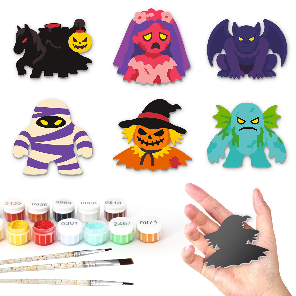 Headless Horseman and Mummy fridge magnets – Six spooky figures: headless horseman, zombie bride, purple gargoyle, mummy, pumpkin-head scarecrow, swamp monster