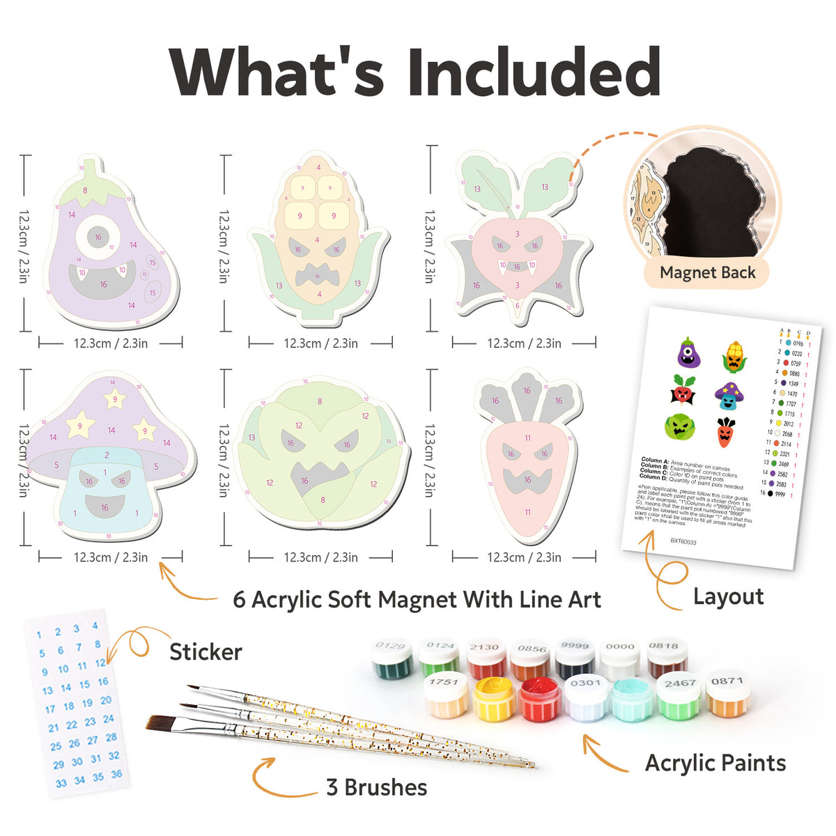 Grumpy Veggie Patch Monsters fridge magnets – what's in the kit: the 6 soft magnets, numbered paints, brushes, layout sheet and stickers