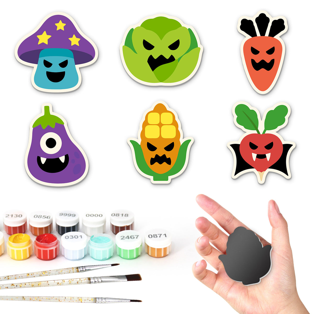 Grumpy Veggie Patch Monsters fridge magnets – Six vegetables with monster faces: mushroom, cabbage, carrot, one-eyed eggplant, corn cob and vampire radish