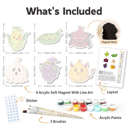 Ghost Garlic and Witch Grapes fridge magnets – what's in the kit: the 6 soft magnets, numbered paints, brushes, layout sheet and stickers