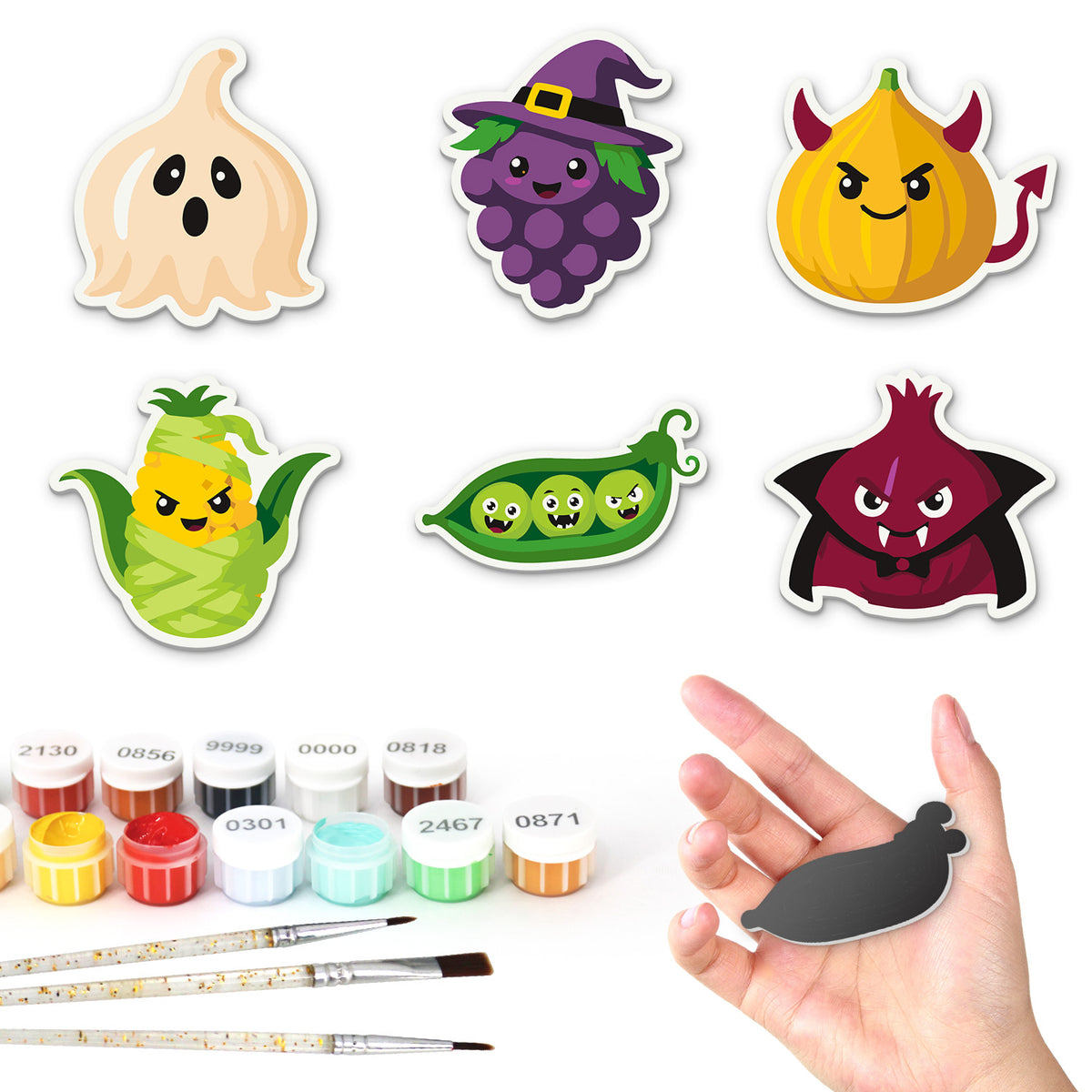 Ghost Garlic and Witch Grapes fridge magnets – Six spooky foods: ghost garlic, witch grapes, devil onion, angry corn, pea pod with faces and vampire beet