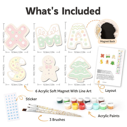 Xmas Letter Sugar Cookies fridge magnets – what's in the kit: the 6 soft magnets, numbered paints, brushes, layout sheet and stickers