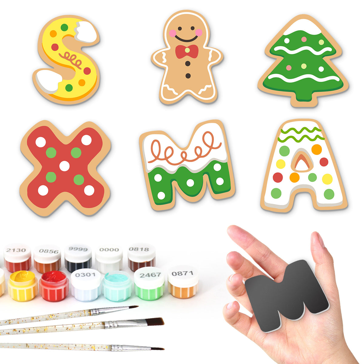 Xmas Letter Sugar Cookies fridge magnets – Six iced cookies: letters S, X, M and A with sprinkles, a gingerbread man and a Christmas tree
