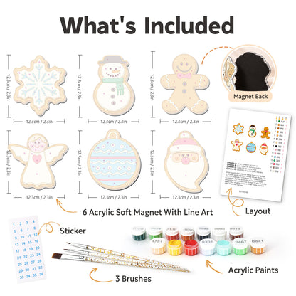 Angel and Snowman Sugar Cookies fridge magnets – what's in the kit: the 6 soft magnets, numbered paints, brushes, layout sheet and stickers