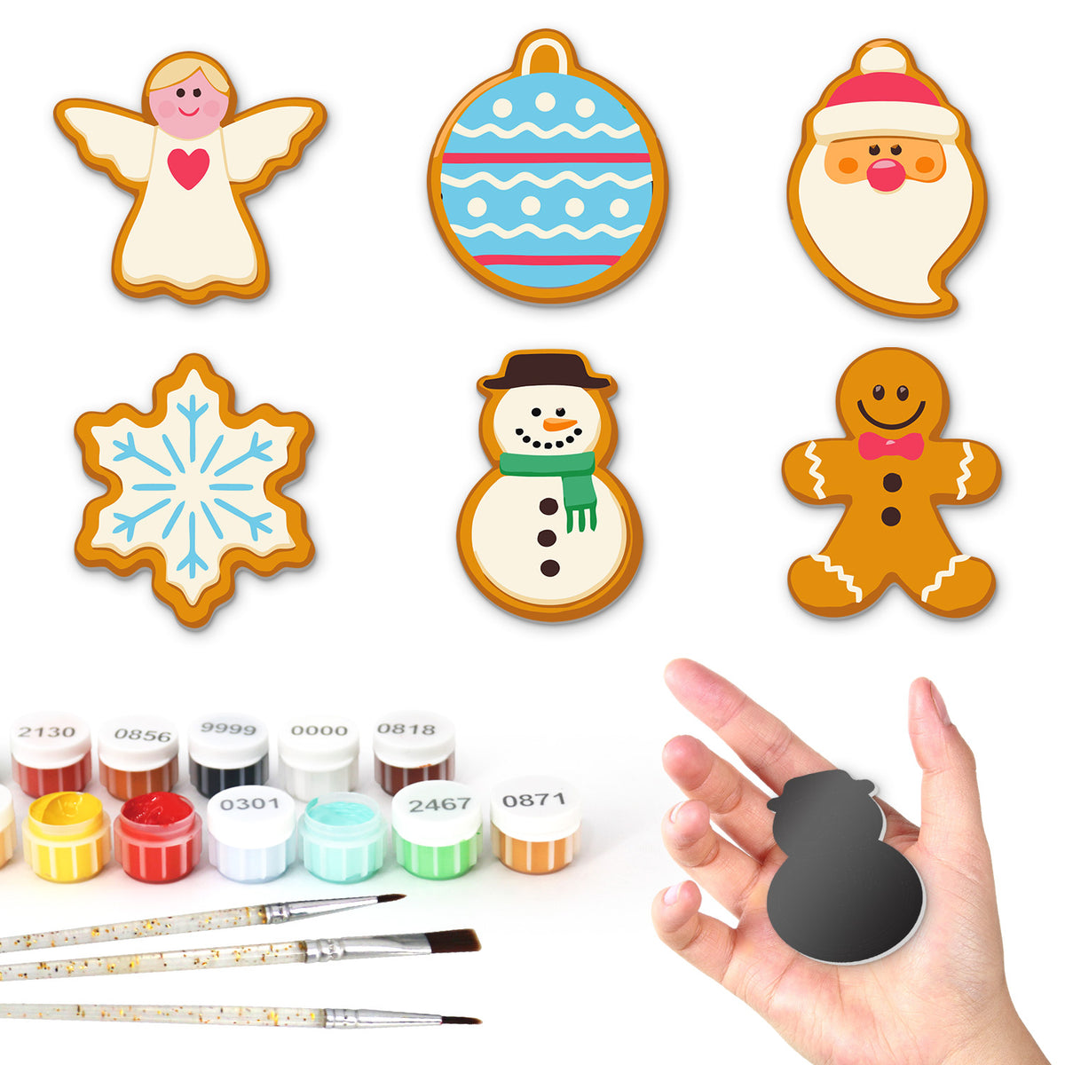 Angel and Snowman Sugar Cookies fridge magnets – Six iced cookies: an angel, a blue bauble, Santa's face, a snowflake, a snowman and a gingerbread man
