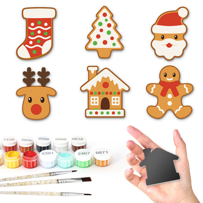 Reindeer and Gingerbread House fridge magnets – Six gingerbread cookies: stocking, iced tree, Santa, reindeer, gingerbread house and gingerbread man in a scarf