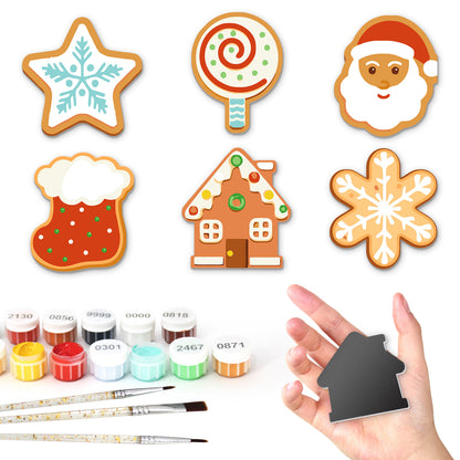 Lollipop and Snowflake Cookies fridge magnets – Six iced cookies: snowflake star, swirl lollipop, Santa's face, red stocking, gingerbread house, snowflake