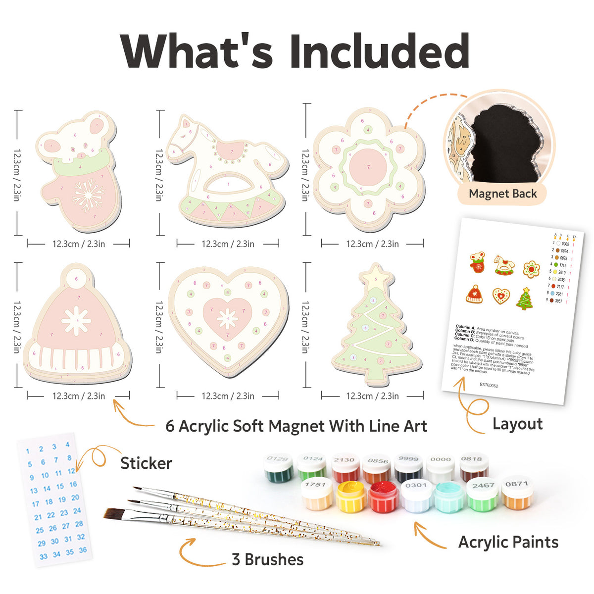 Rocking Horse and Heart Cookies fridge magnets – what's in the kit: the 6 soft magnets, numbered paints, brushes, layout sheet and stickers