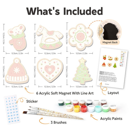 Rocking Horse and Heart Cookies fridge magnets – what's in the kit: the 6 soft magnets, numbered paints, brushes, layout sheet and stickers