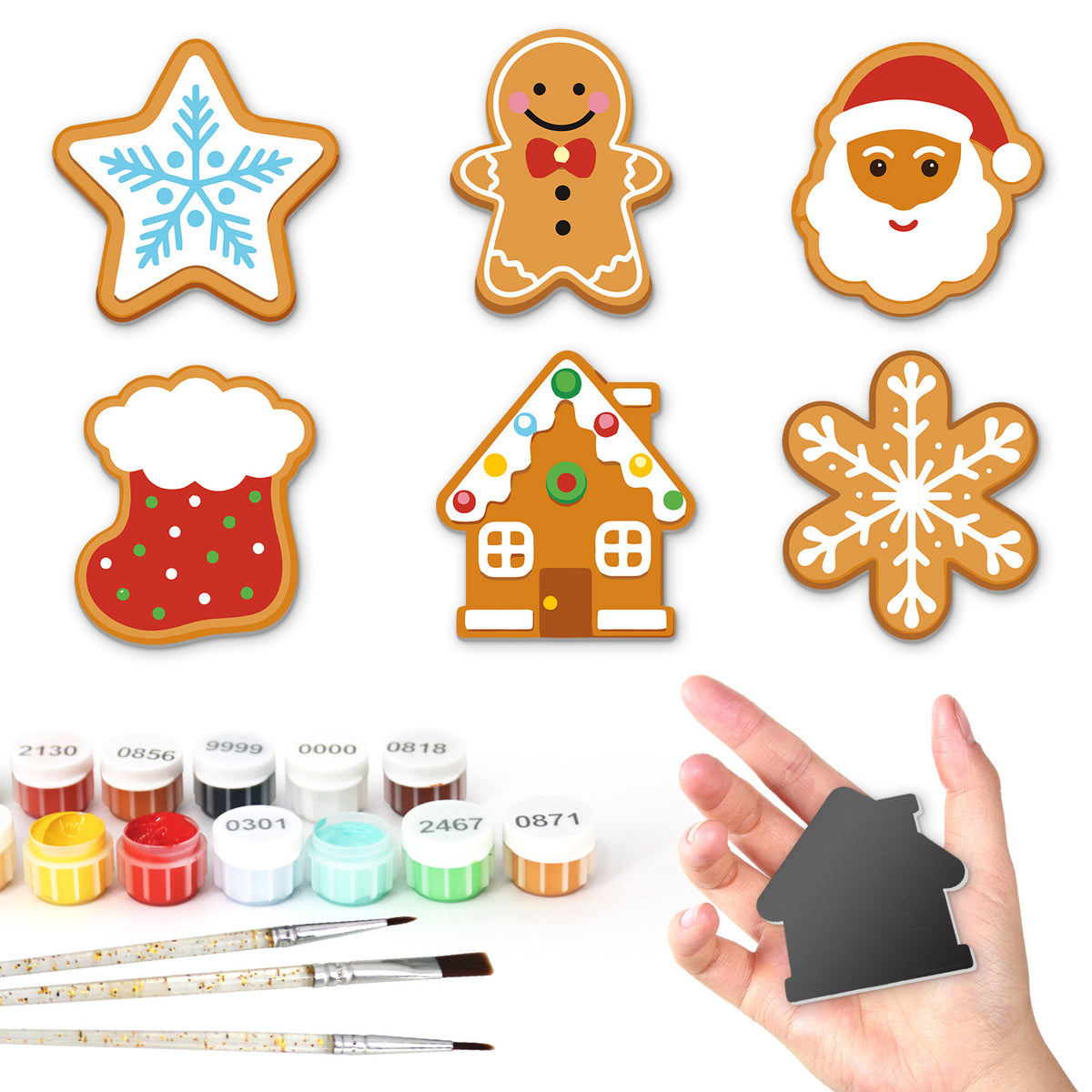 Gingerbread Man and Star Cookies fridge magnets – Six iced cookies: snowflake star, gingerbread man, Santa's face, red stocking, gingerbread house, snowflake