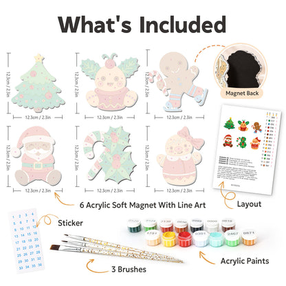 Skating Gingerbread and Santa fridge magnets – what's in the kit: the 6 soft magnets, numbered paints, brushes, layout sheet and stickers