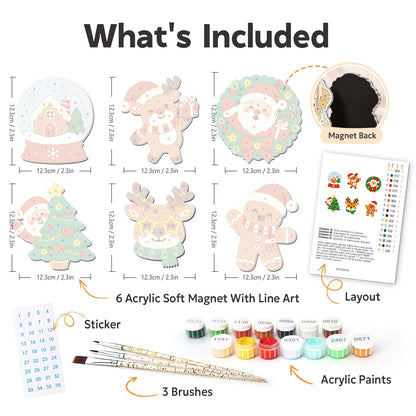 Star-Glasses Reindeer and Santa fridge magnets – what's in the kit: the 6 soft magnets, numbered paints, brushes, layout sheet and stickers