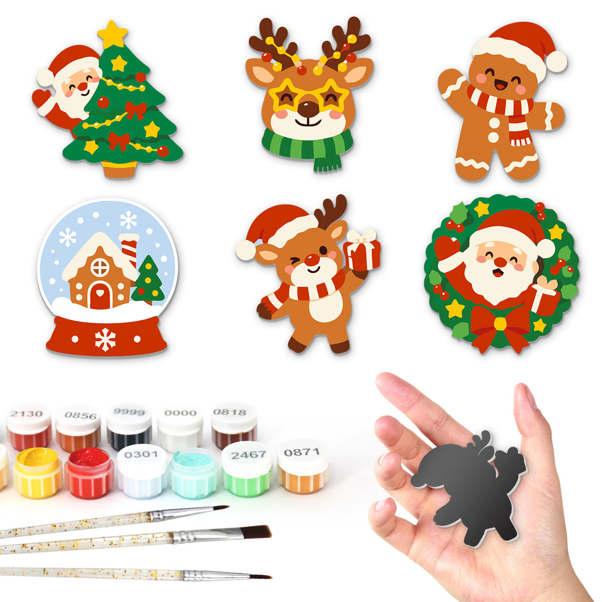 Star-Glasses Reindeer and Santa fridge magnets – Six festive designs: Santa behind a tree, reindeer in star glasses, gingerbread man, snow globe, reindeer, wreath