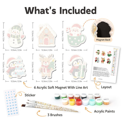 Penguin Pals and Santa Mug fridge magnets – what's in the kit: the 6 soft magnets, numbered paints, brushes, layout sheet and stickers