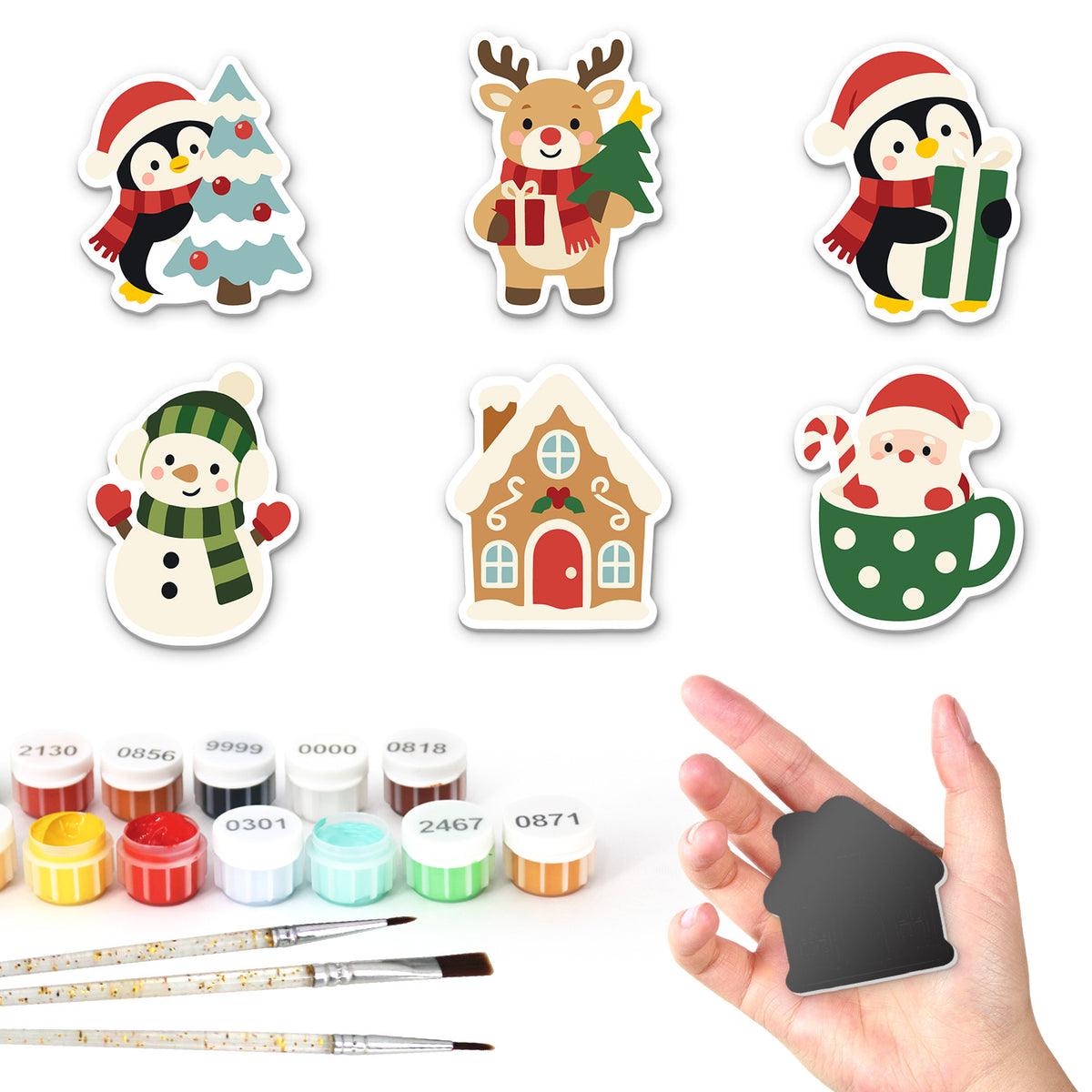 Penguin Pals and Santa Mug fridge magnets – Six festive designs: two penguins with gifts and a tree, a reindeer, a snowman, a gingerbread house, Santa in a mug