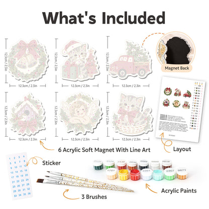 Cherub and Kitten Holly Wreaths fridge magnets – what's in the kit: the 6 soft magnets, numbered paints, brushes, layout sheet and stickers