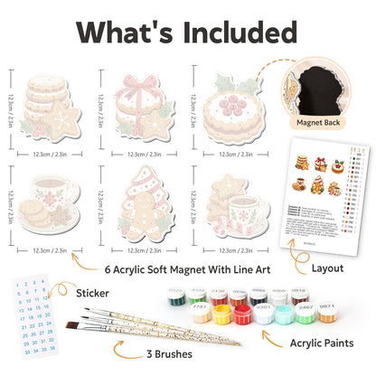 Teatime Biscuits and Jam Tart fridge magnets – what's in the kit: the 6 soft magnets, numbered paints, brushes, layout sheet and stickers