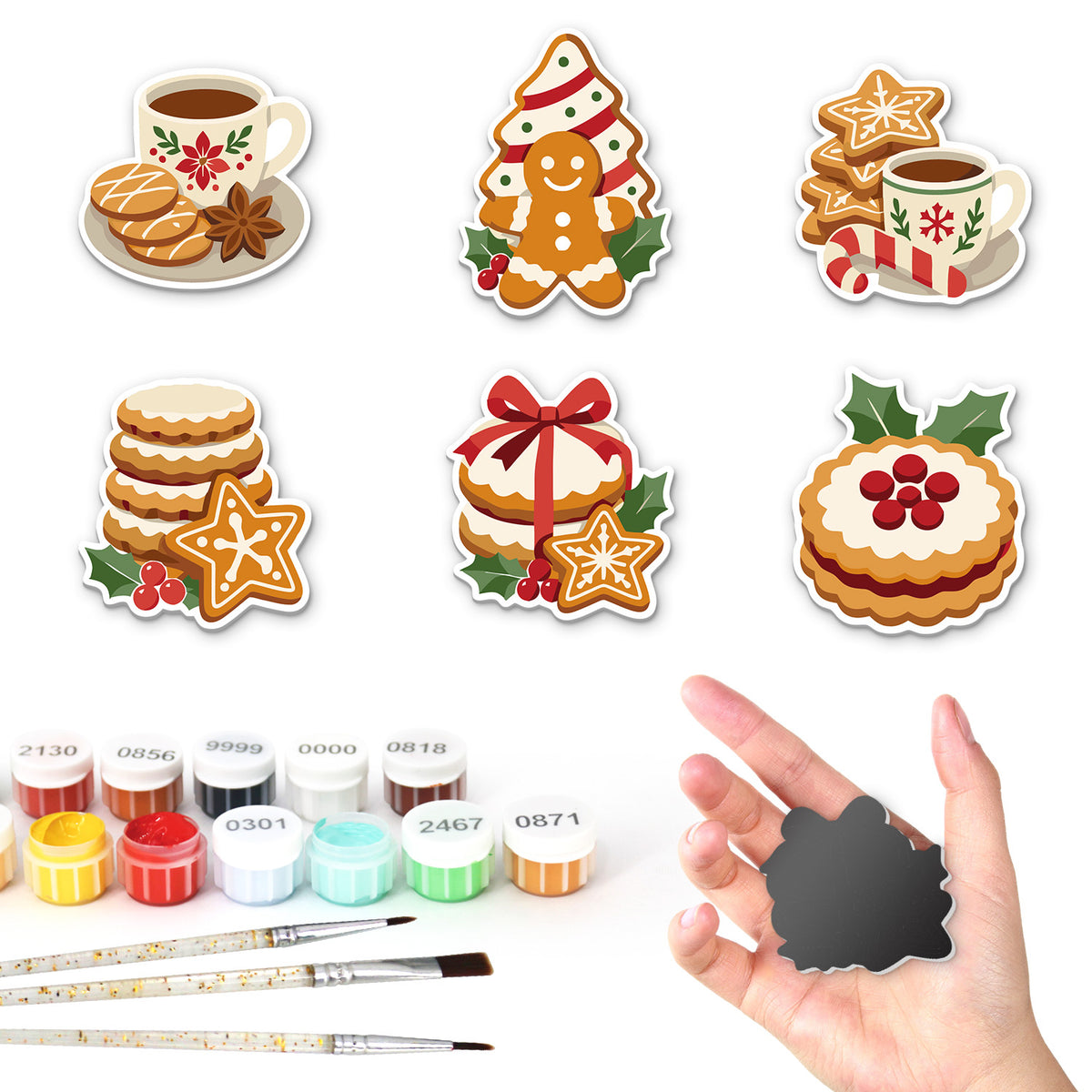 Teatime Biscuits and Jam Tart fridge magnets – Six festive bakes: tea and biscuits, gingerbread man on a tree cookie, tea with cookies, two cookie stacks, berry tart