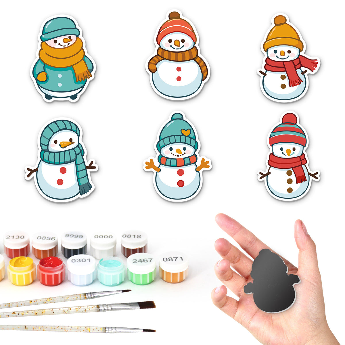 Bobble-Hat Snowman Squad fridge magnets – Six snowmen in knitted bobble hats and scarves of teal, orange, yellow and red
