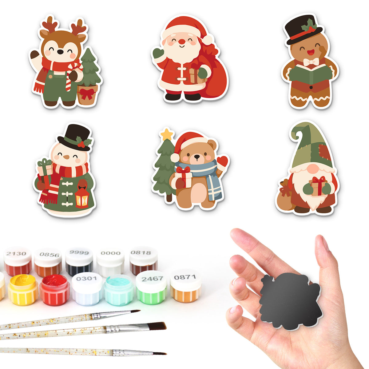 Caroling Gingerbread and Gnome fridge magnets – Six Christmas characters: reindeer, Santa with a sack, caroling gingerbread man, snowman with gifts, teddy bear, gnome