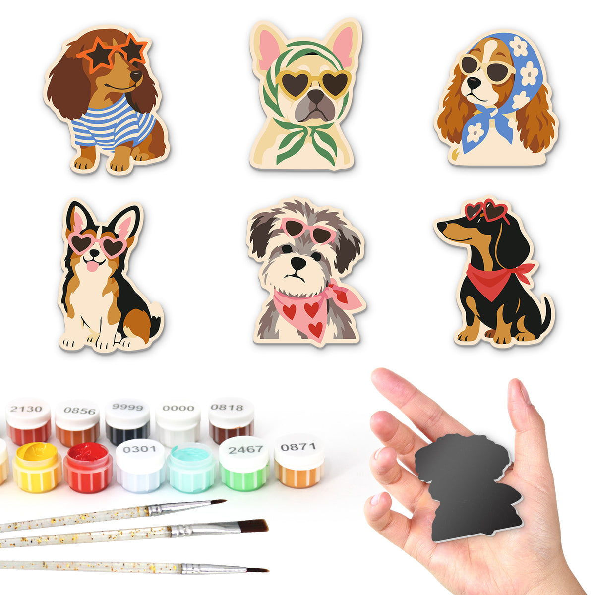 Heart-Glasses Corgi and Frenchie fridge magnets – Six dogs in heart and star sunglasses, bandanas and a headscarf: dachshunds, French bulldog, spaniel, corgi, terrier