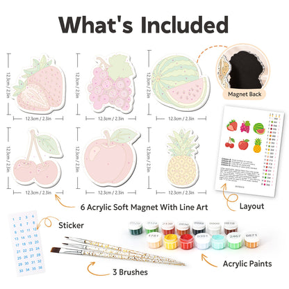 Juicy Cherry and Watermelon Mix fridge magnets – what's in the kit: the 6 soft magnets, numbered paints, brushes, layout sheet and stickers