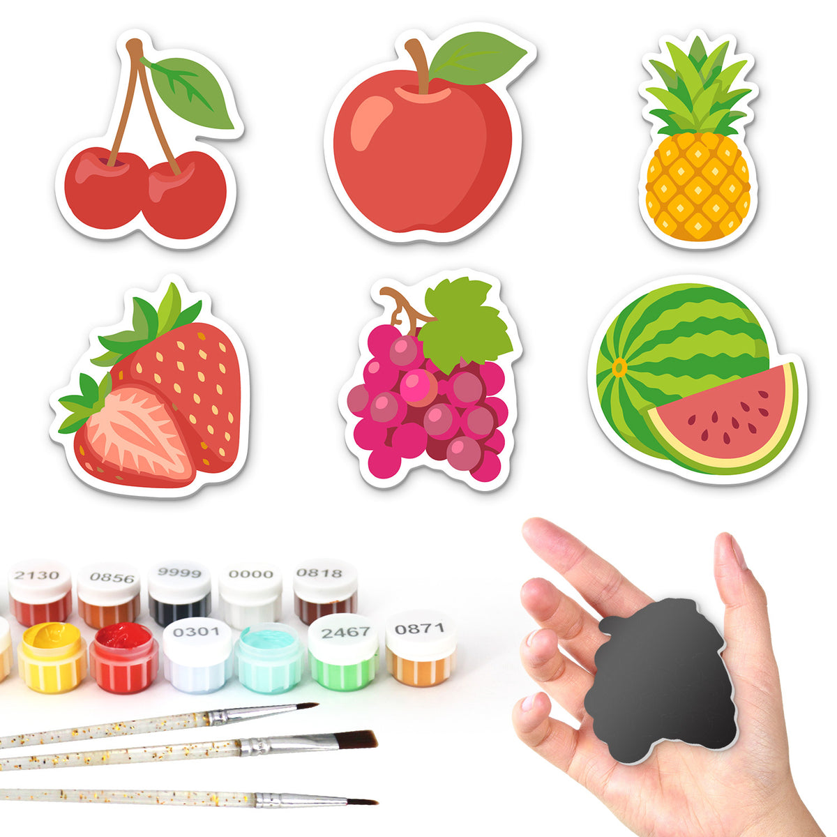 Juicy Cherry and Watermelon Mix fridge magnets – Six whole fruits: cherries, red apple, pineapple, strawberry, grapes and a watermelon wedge