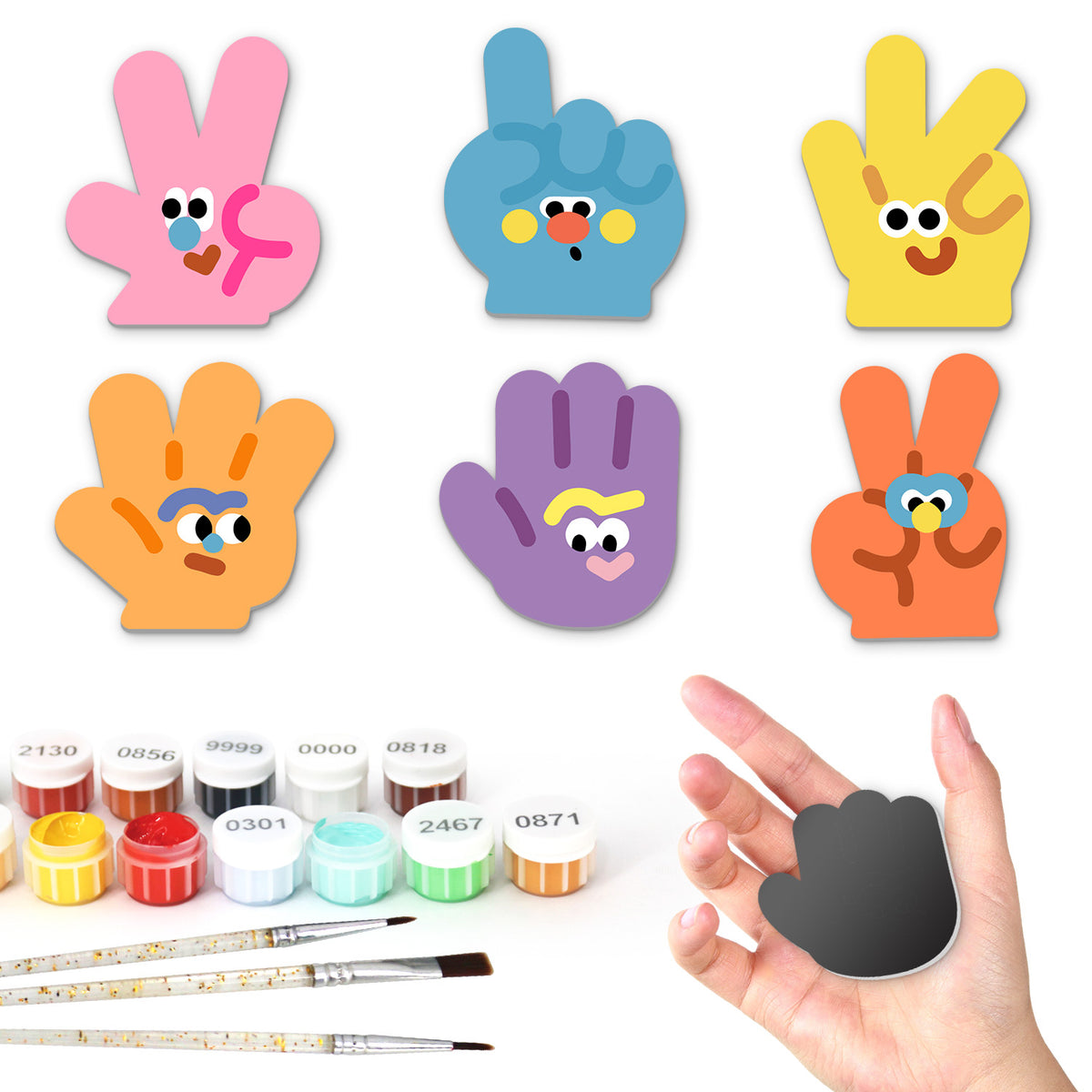 Funny-Face Hand Gestures fridge magnets – Six cartoon hands with faces in pink, blue, yellow, orange and purple making peace, pointing, OK and high-five signs