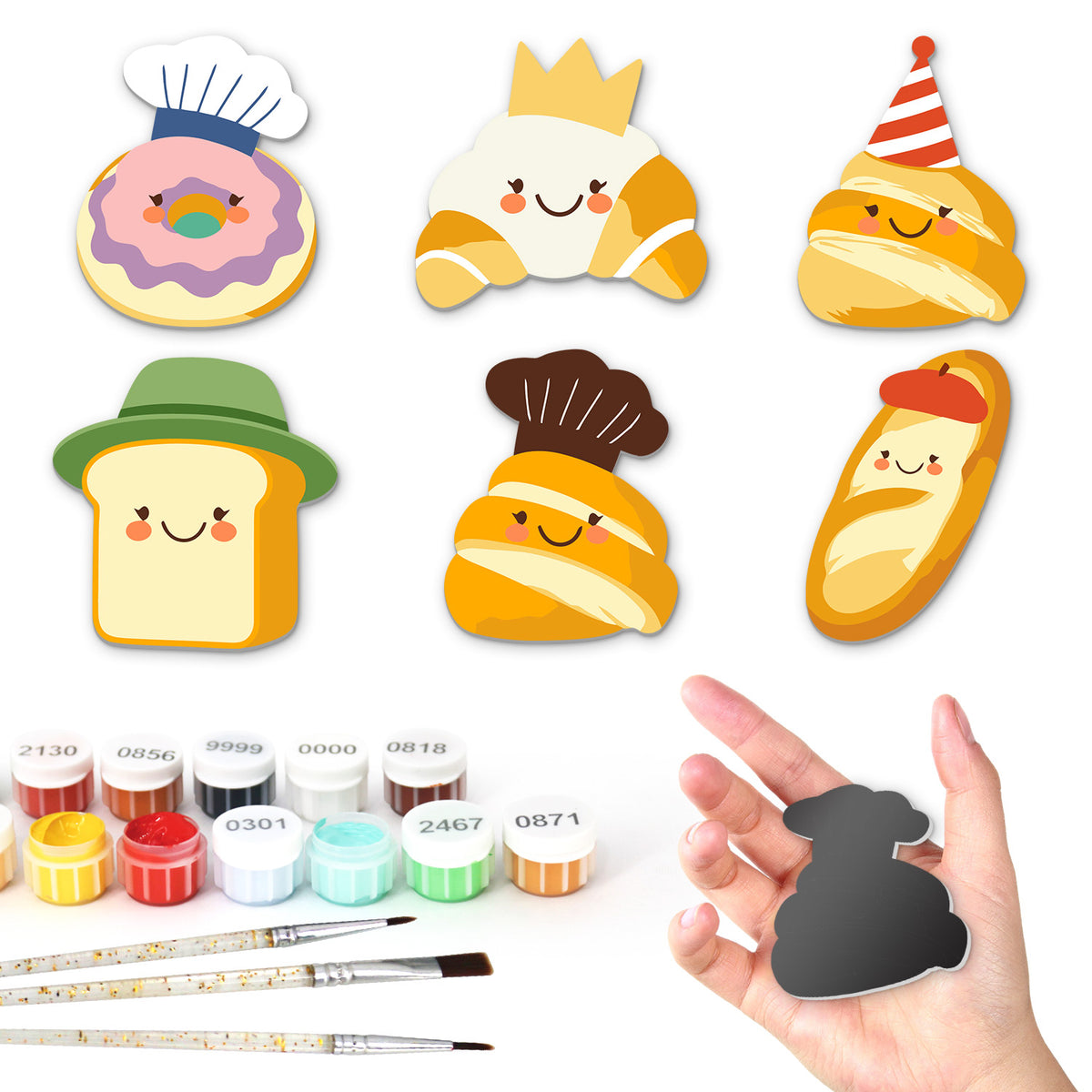 Baguette in a Beret Bakery fridge magnets – Six smiling bakes: chef-hat donut, crowned croissant, party-hat bun, toast in a bucket hat, brioche, beret baguette